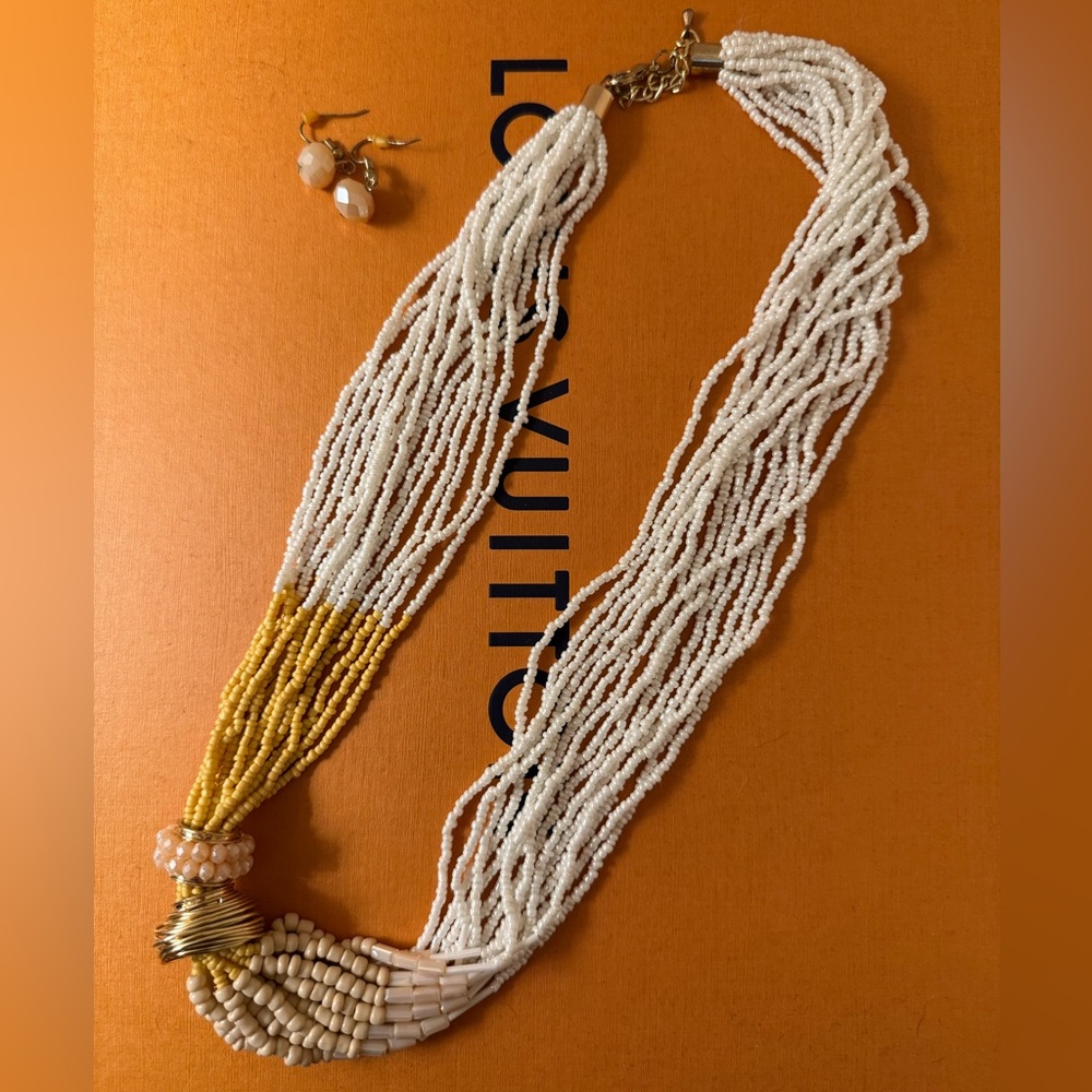 Elegant White and Gold Beaded Necklace and Earrings Set